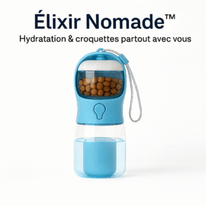 Gourde double compartiment pour chien Élixir Nomade™ – eau et croquettes à emporter partout.