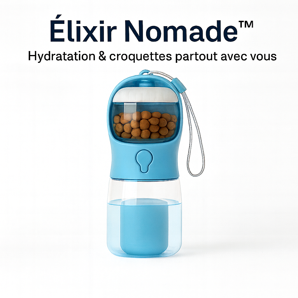 Gourde double compartiment pour chien Élixir Nomade™ – eau et croquettes à emporter partout.