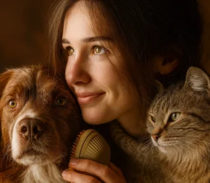 Femme souriante brossant un chien et un chat avec la Brosse Vapeur Douceur™ – soin du pelage doux et apaisant.