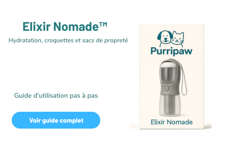 Élixir Nomade™ Purripaw — gourde 3-en-1 pour hydrater, nourrir et garder la balade propre (guide d’utilisation).
